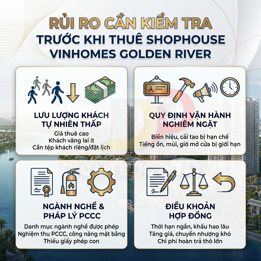 Infographic rủi ro cần kiểm tra trước khi thuê shophouse Vinhomes Golden River với 4 nhóm lưu ý chính