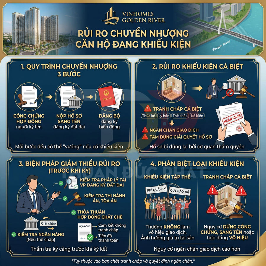 Infographic Vinhomes Golden River về rủi ro chuyển nhượng căn hộ đang khiếu kiện và biện pháp giảm thiểu