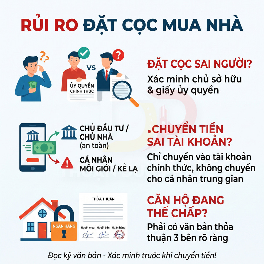 Infographic cảnh báo rủi ro đặt cọc mua nhà, nhấn mạnh xác minh chủ sở hữu, tài khoản nhận tiền và tình trạng thế chấp căn hộ