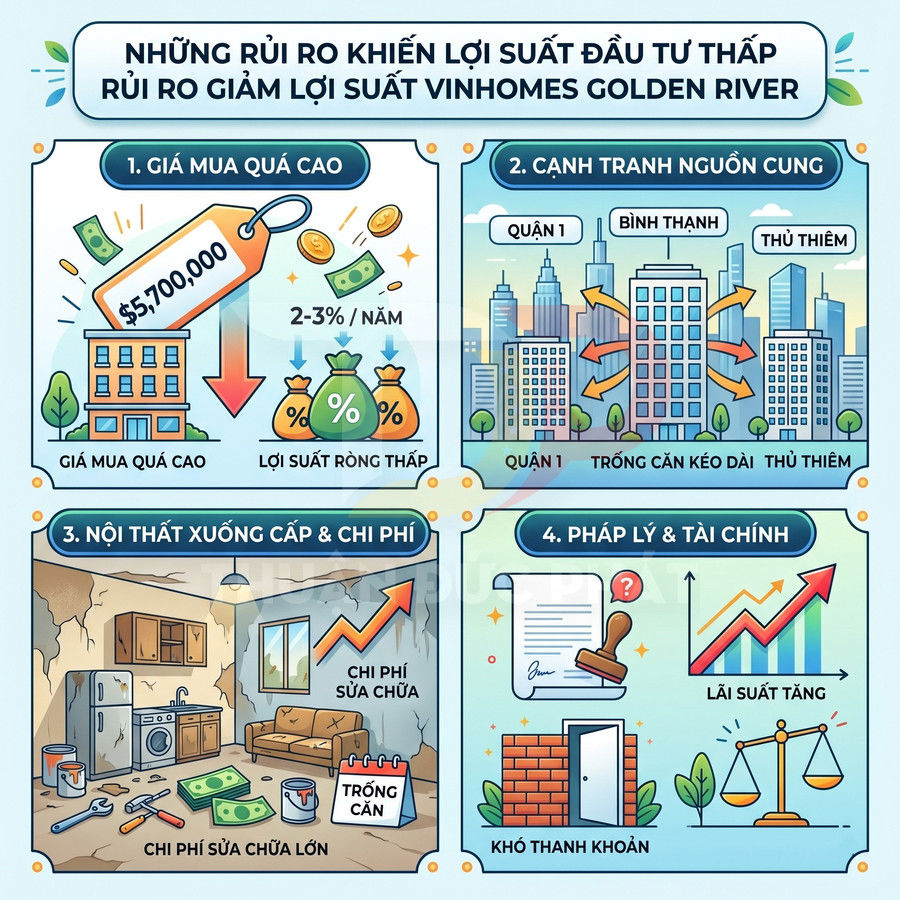 Infographic rủi ro khiến lợi suất đầu tư Vinhomes Golden River thấp như giá mua cao, cạnh tranh nguồn cung, chi phí sửa chữa, pháp lý