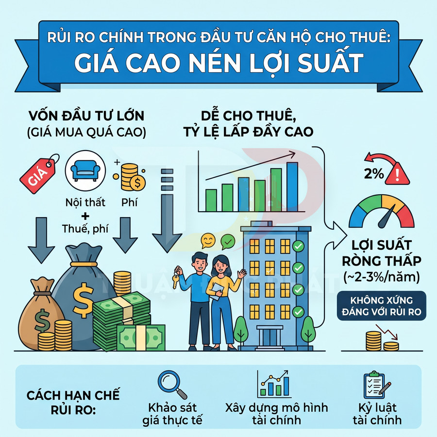 Infographic rủi ro đầu tư căn hộ cho thuê giá cao, vốn lớn nhưng lợi suất cho thuê thấp và cách hạn chế rủi ro
