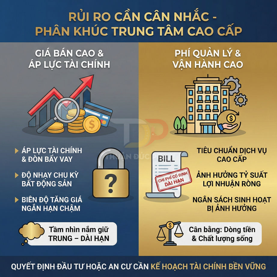 Infographic rủi ro tài chính khi đầu tư phân khúc trung tâm cao cấp với giá bán và phí quản lý vận hành cao