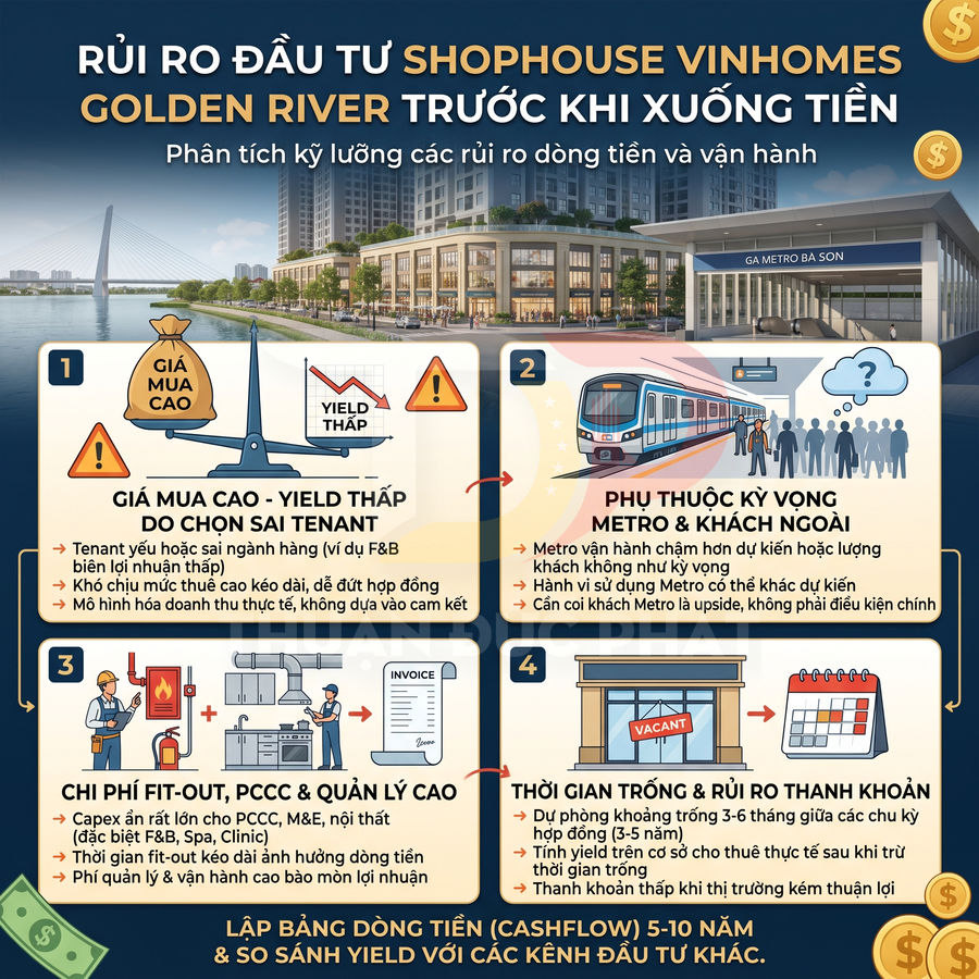 Infographic phân tích rủi ro đầu tư shophouse Vinhomes Golden River về giá mua, khách thuê, chi phí và thanh khoản