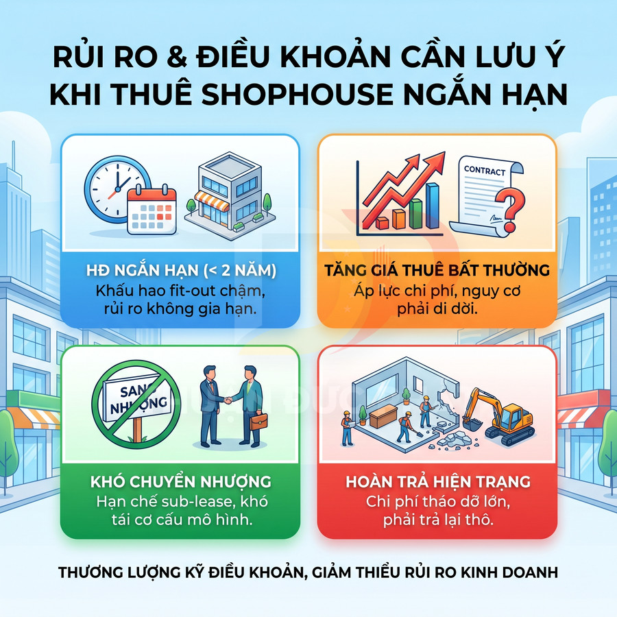 Infographic rủi ro và điều khoản cần lưu ý khi thuê shophouse ngắn hạn cho kinh doanh