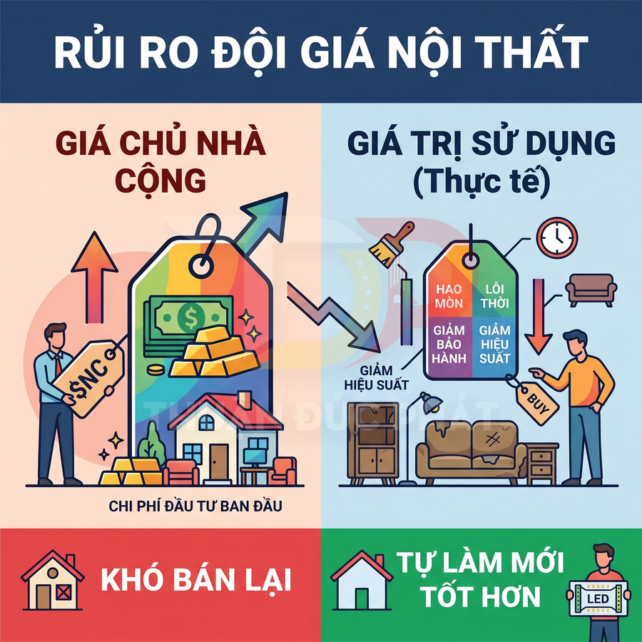 Minh họa rủi ro đội giá nội thất, so sánh giá chủ nhà cộng với giá trị sử dụng thực tế và gợi ý tự làm mới nội thất