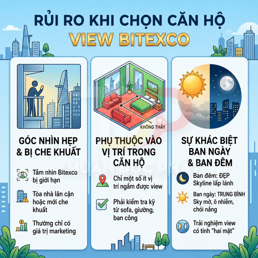 Infographic rủi ro khi chọn căn hộ view Bitexco với các lưu ý về góc nhìn, vị trí trong căn hộ và khác biệt ngày đêm
