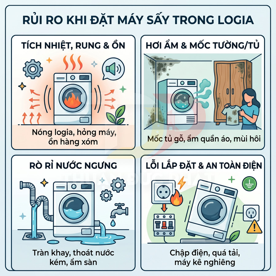 Infographic cảnh báo rủi ro khi đặt máy sấy quần áo trong logia như nóng, ẩm mốc, rò rỉ nước và mất an toàn điện