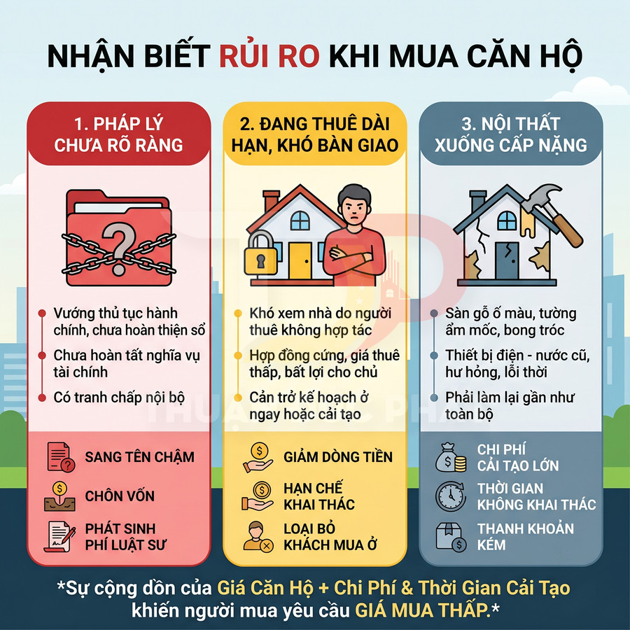 Infographic các rủi ro khi mua căn hộ về pháp lý, hợp đồng thuê dài hạn và nội thất xuống cấp