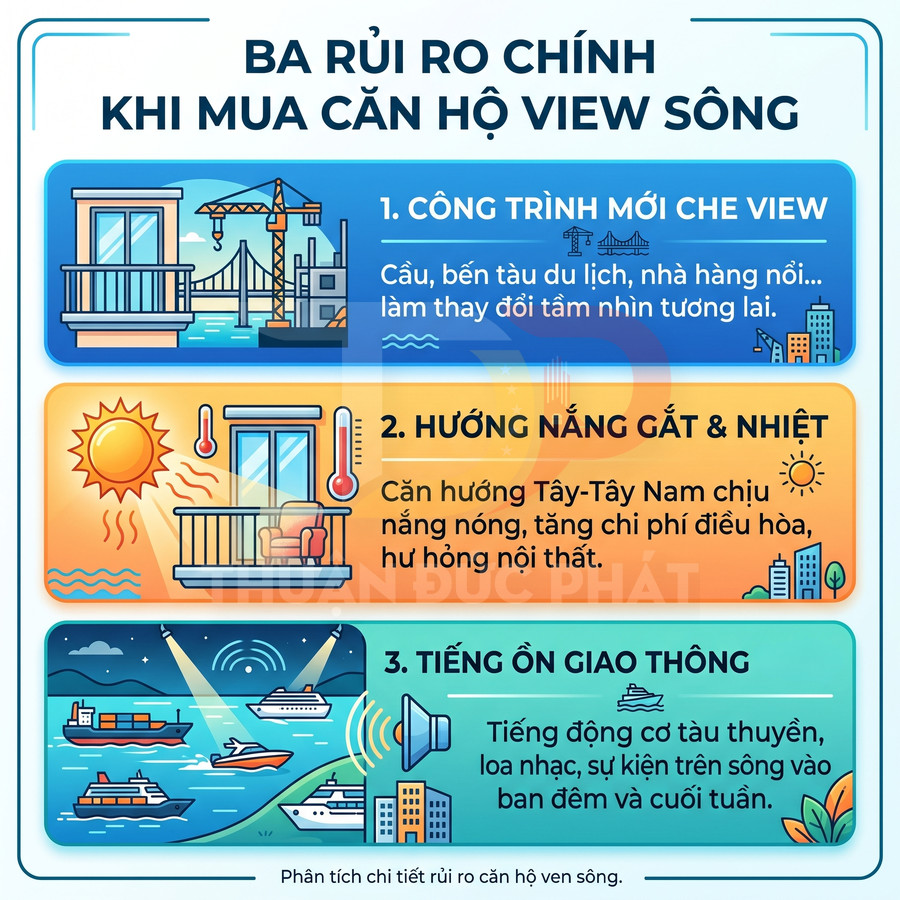 Infographic ba rủi ro chính khi mua căn hộ view sông gồm che view, hướng nắng gắt và tiếng ồn giao thông