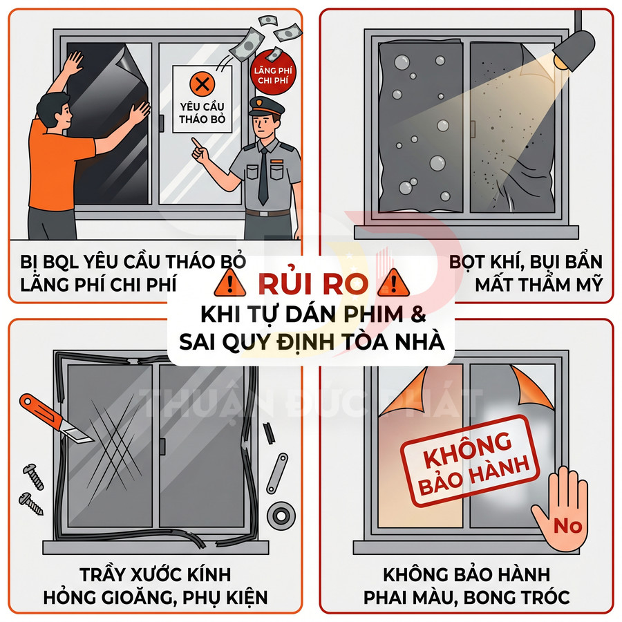 Minh họa rủi ro khi tự dán phim cách nhiệt cửa kính: bong tróc, bọt khí, trầy xước, không được bảo hành