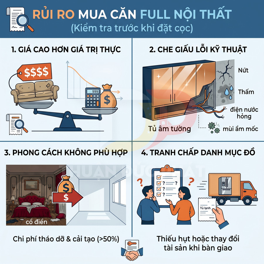 Infographic rủi ro mua căn hộ full nội thất như giá cao, che giấu lỗi kỹ thuật, phong cách sai, tranh chấp danh mục đồ