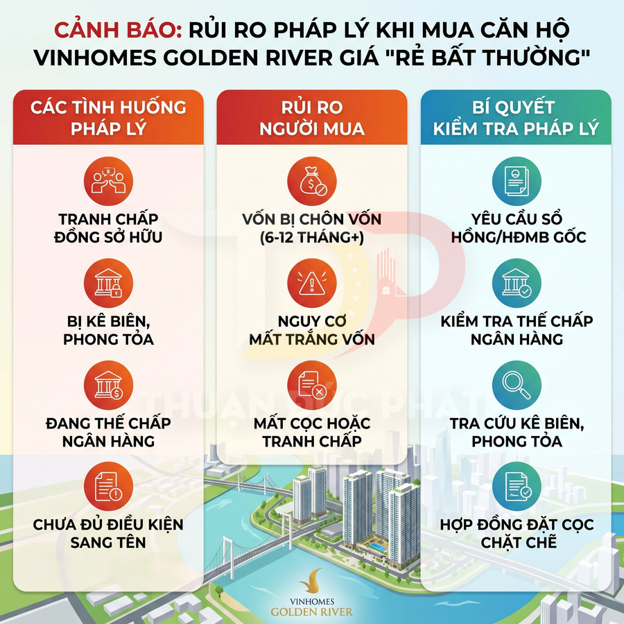 Infographic cảnh báo rủi ro pháp lý khi mua căn hộ Vinhomes Golden River giá rẻ bất thường