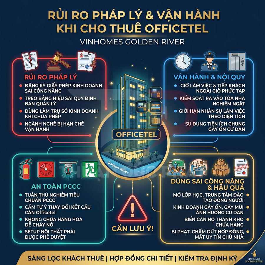 Infographic rủi ro pháp lý và vận hành khi cho thuê officetel Vinhomes Golden River