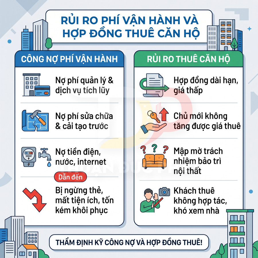Infographic rủi ro phí vận hành và hợp đồng thuê căn hộ, cảnh báo công nợ và các vấn đề khi cho thuê nhà