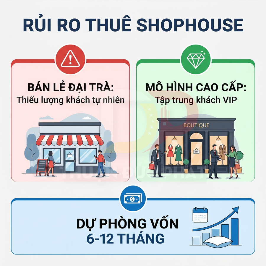 Infographic rủi ro thuê shophouse với mô hình bán lẻ đại trà, mô hình cao cấp và khuyến nghị dự phòng vốn 6 12 tháng