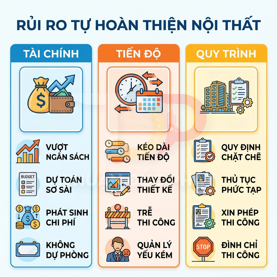Infographic liệt kê rủi ro tự hoàn thiện nội thất về tài chính, tiến độ và quy trình thi công