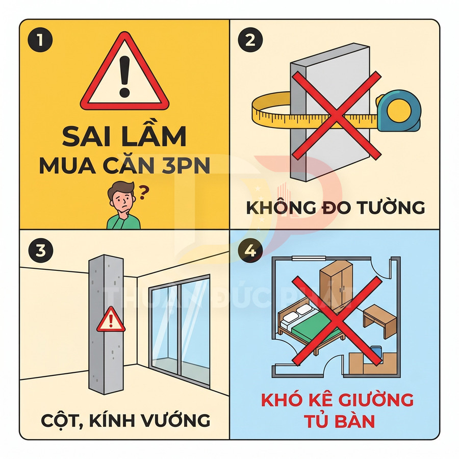 Infographic sai lầm khi mua căn hộ 3 phòng ngủ: không đo tường, cột kính vuông, khó kê giường tủ bàn