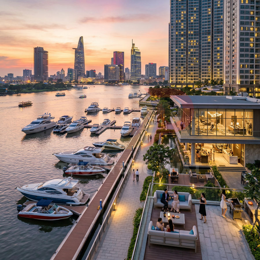 Bến du thuyền sang trọng bên sông với nhiều du thuyền cao cấp và khu căn hộ cao tầng lúc hoàng hôn