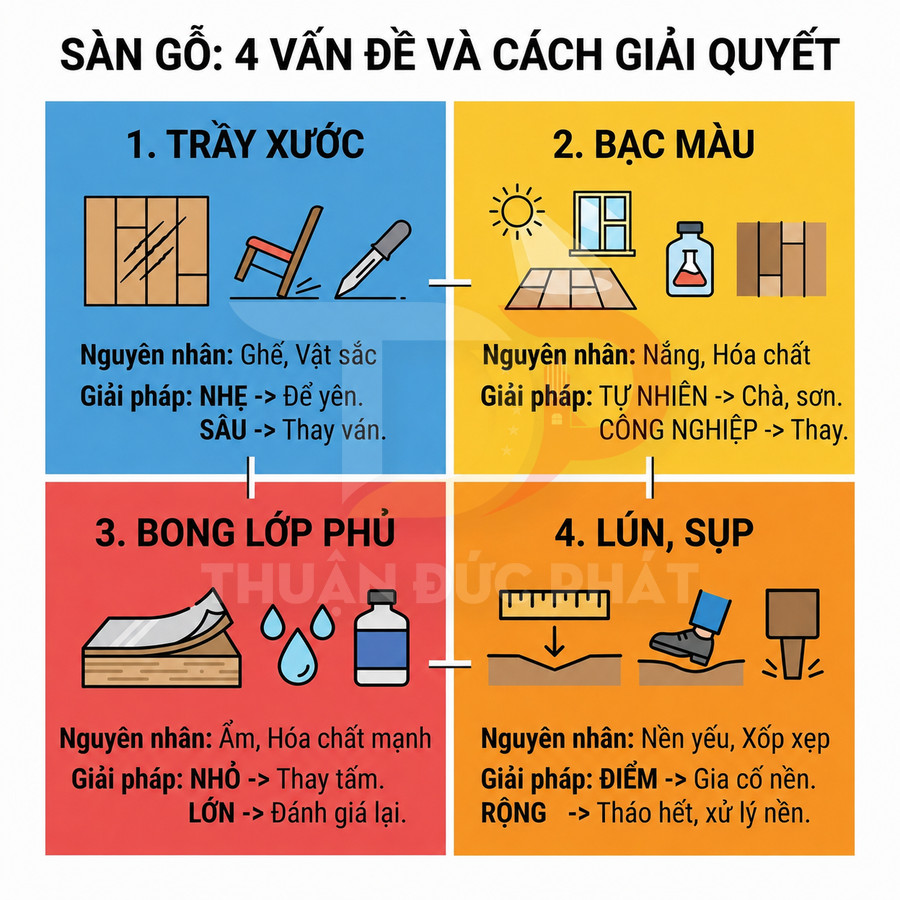 Infographic sàn gỗ nêu 4 vấn đề trầy xước bạc màu bong lớp phủ lún sụp và nguyên nhân cách xử lý