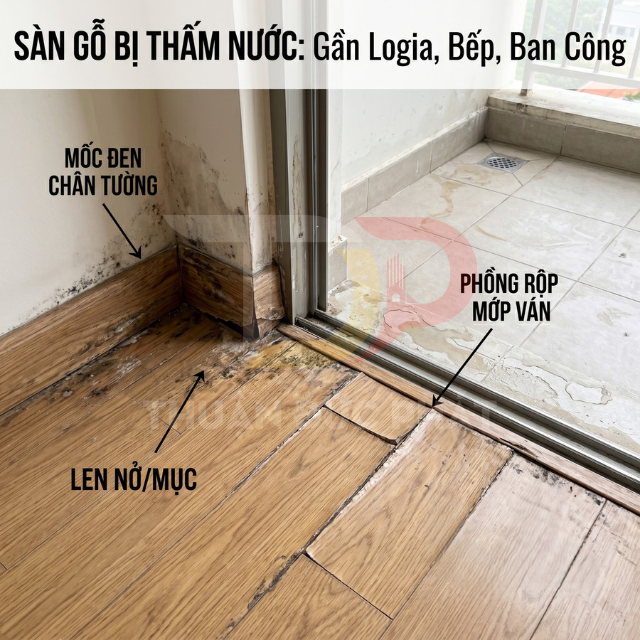 Sàn gỗ gần cửa ban công bị thấm nước, phồng rộp, mốc đen và len chân tường mục nát