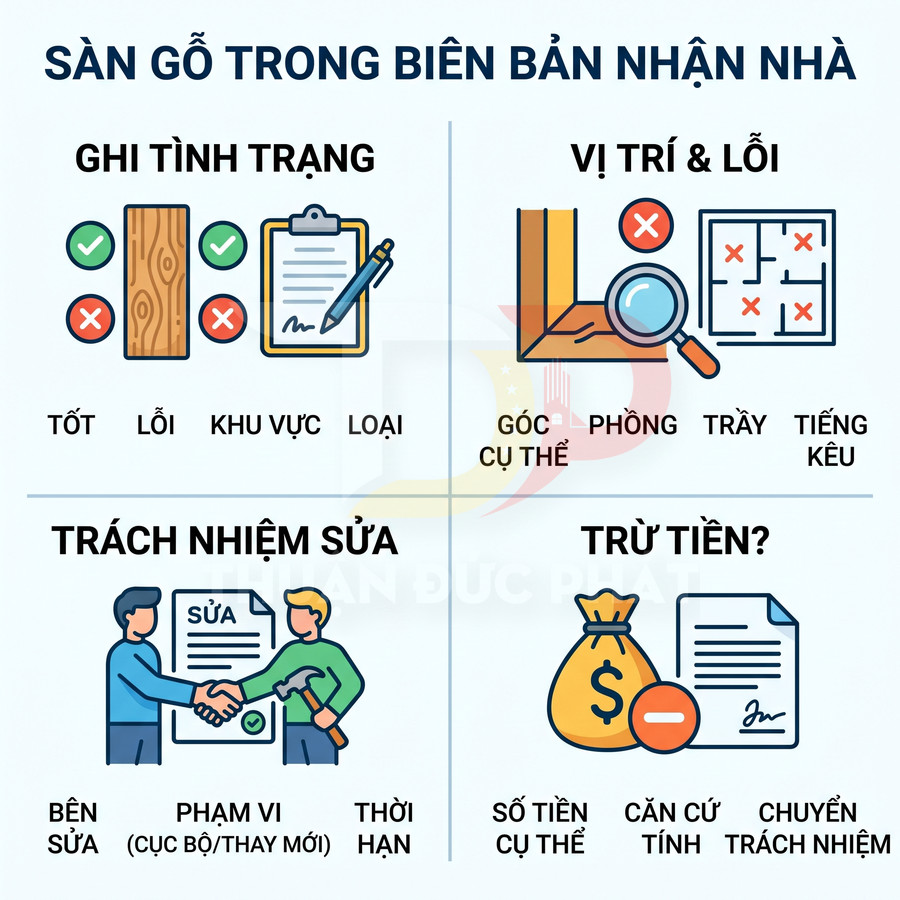 Hướng dẫn kiểm tra và ghi nhận tình trạng sàn gỗ trong biên bản nhận nhà, trách nhiệm sửa chữa và trừ tiền