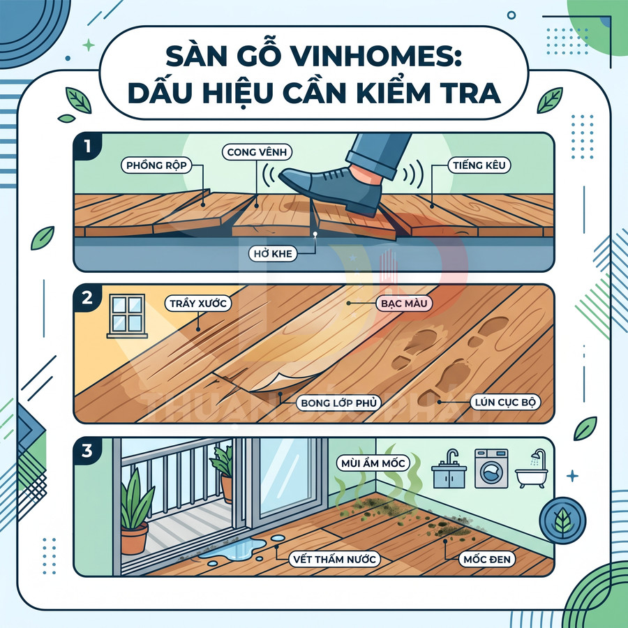 Infographic dấu hiệu sàn gỗ Vinhomes hư hỏng với cong vênh, trầy xước, bong lớp phủ, thấm nước và mốc đen