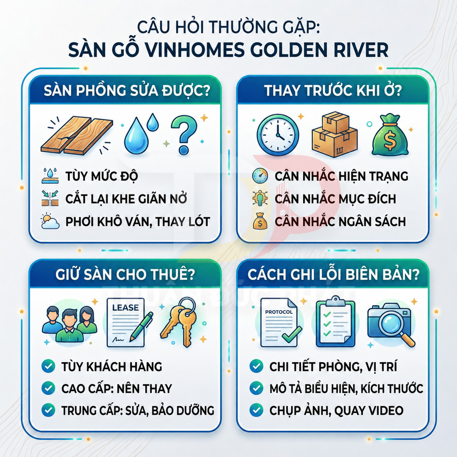 Infographic câu hỏi thường gặp về sửa chữa, thay mới và bảo dưỡng sàn gỗ Vinhomes Golden River
