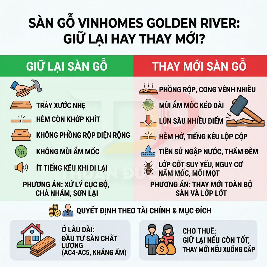 Infographic so sánh giữ lại hay thay mới sàn gỗ Vinhomes Golden River theo tình trạng và mục đích sử dụng