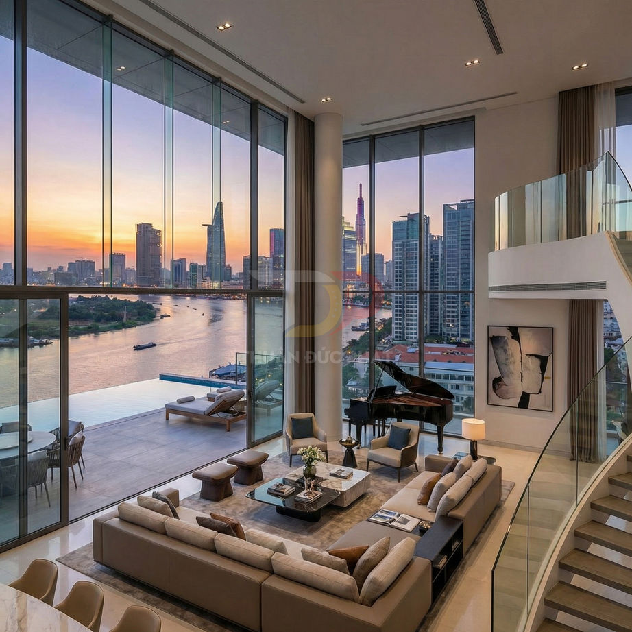 Phòng khách penthouse sang trọng với sofa lớn, đàn piano và cửa kính toàn cảnh sông và skyline thành phố lúc hoàng hôn