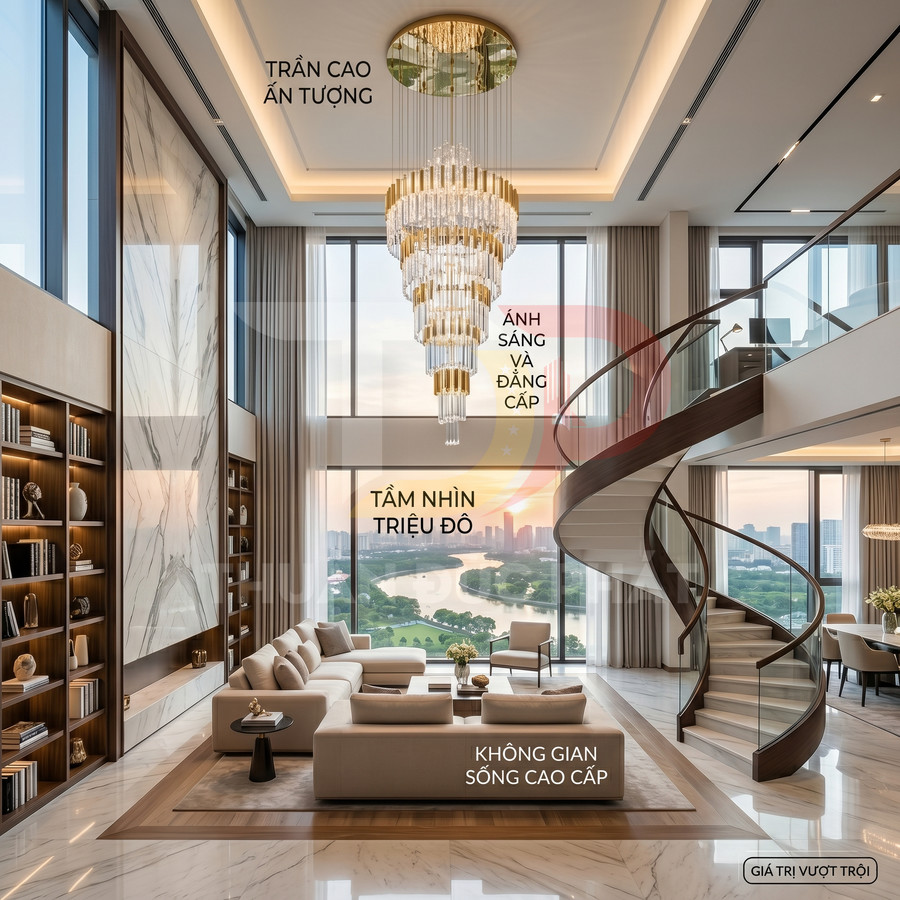 Phòng khách penthouse sang trọng với đèn chùm pha lê lớn, cầu thang xoắn và cửa kính nhìn ra sông và thành phố