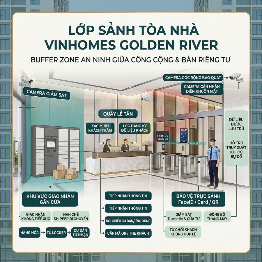 Sảnh tòa nhà Vinhomes Golden River với quầy lễ tân, khu giao nhận hàng và hệ thống camera an ninh, kiểm soát ra vào