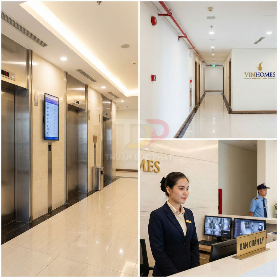 Sảnh thang máy và quầy lễ tân tòa nhà Vinhomes với nhân viên quản lý và bảo vệ an ninh