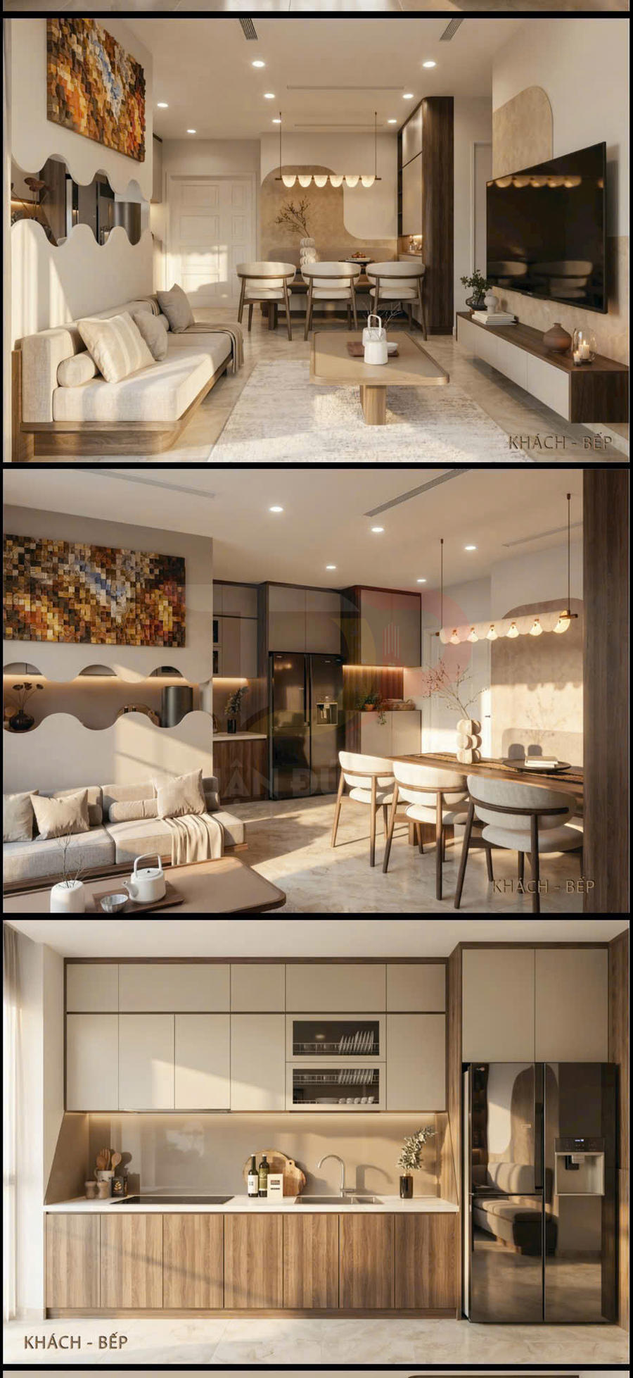 Phòng khách liền bếp hiện đại với sofa vải be, bàn trà gỗ, bàn ăn và tủ bếp gỗ kèm tủ lạnh đôi inox