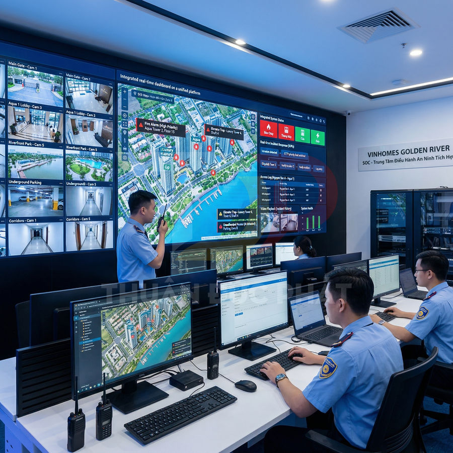 Trung tâm điều hành an ninh Vinhomes Golden River với màn hình giám sát và nhân viên bảo vệ làm việc trên máy tính