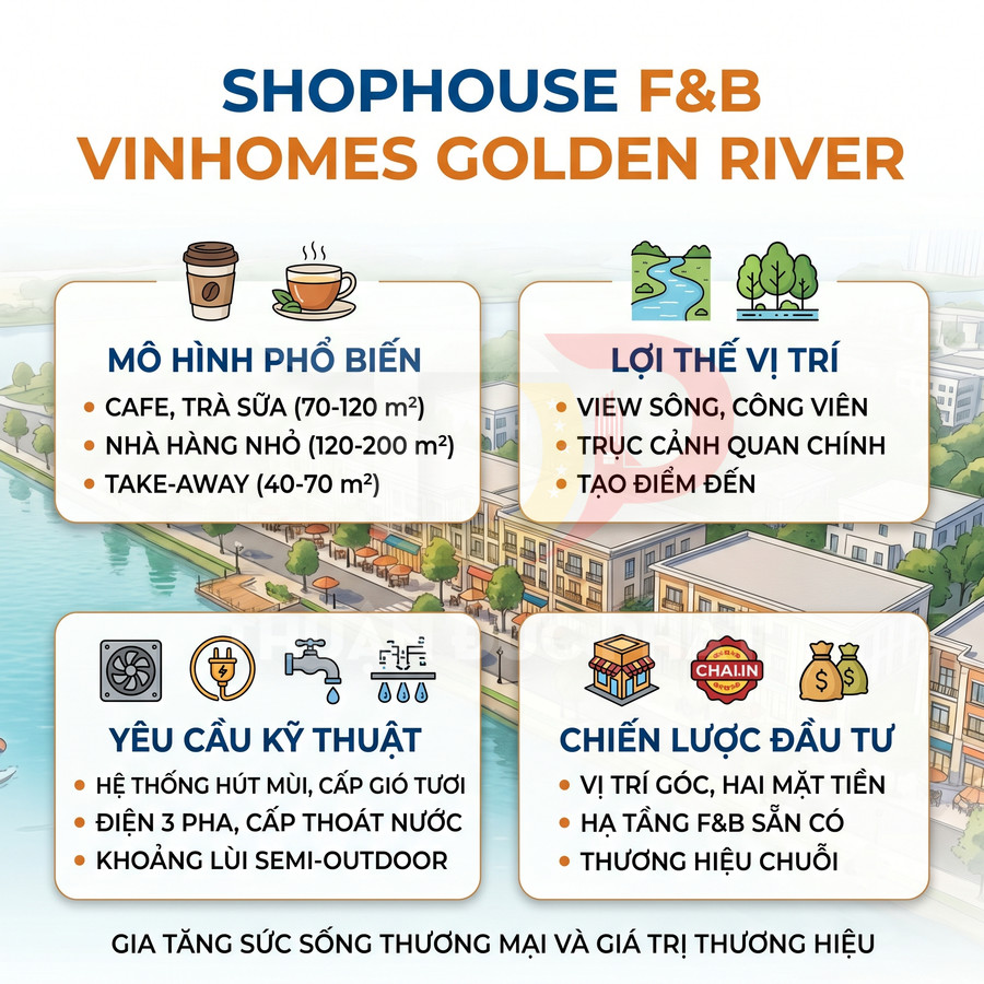 Infographic giới thiệu mô hình shophouse F&B Vinhomes Golden River với lợi thế vị trí, yêu cầu kỹ thuật và chiến lược đầu tư