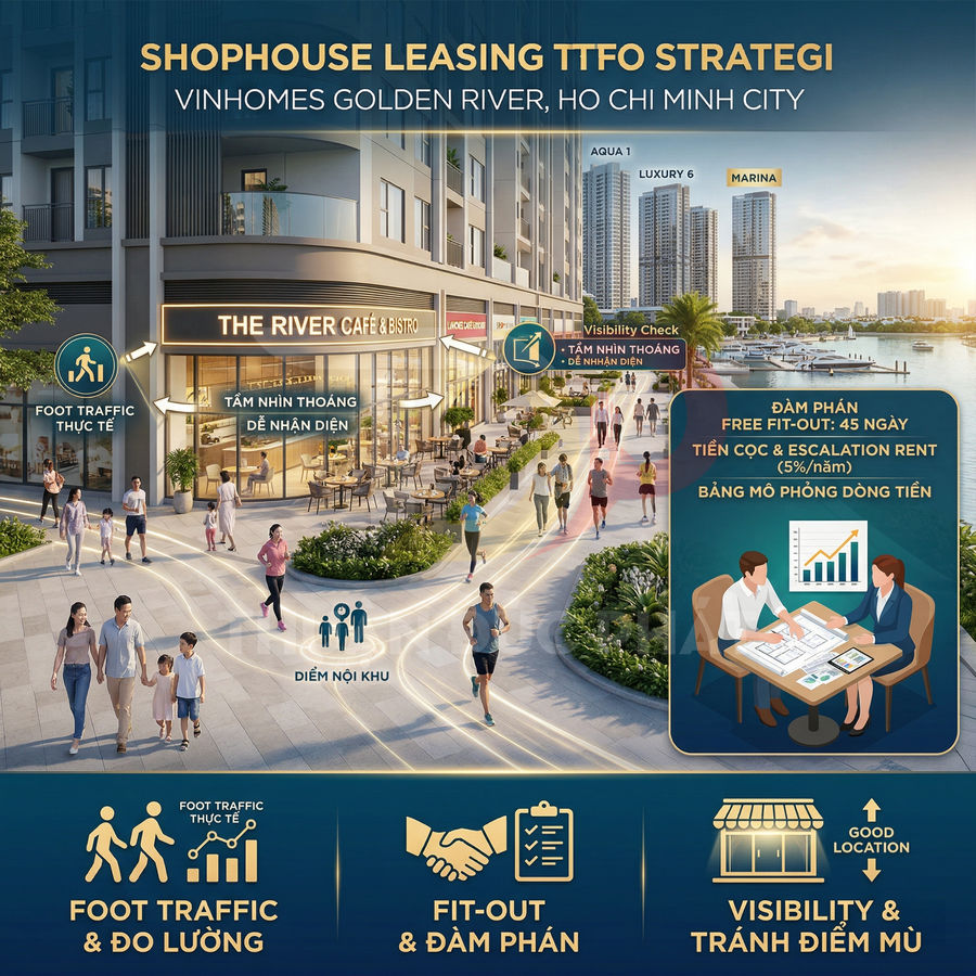 Phối cảnh shophouse cho thuê tại Vinhomes Golden River bên sông Sài Gòn, nhiều người đi bộ và quán cà phê sầm uất