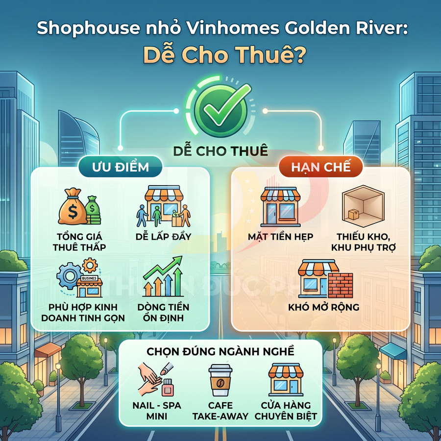 Infographic ưu nhược điểm cho thuê shophouse nhỏ Vinhomes Golden River và gợi ý ngành kinh doanh phù hợp