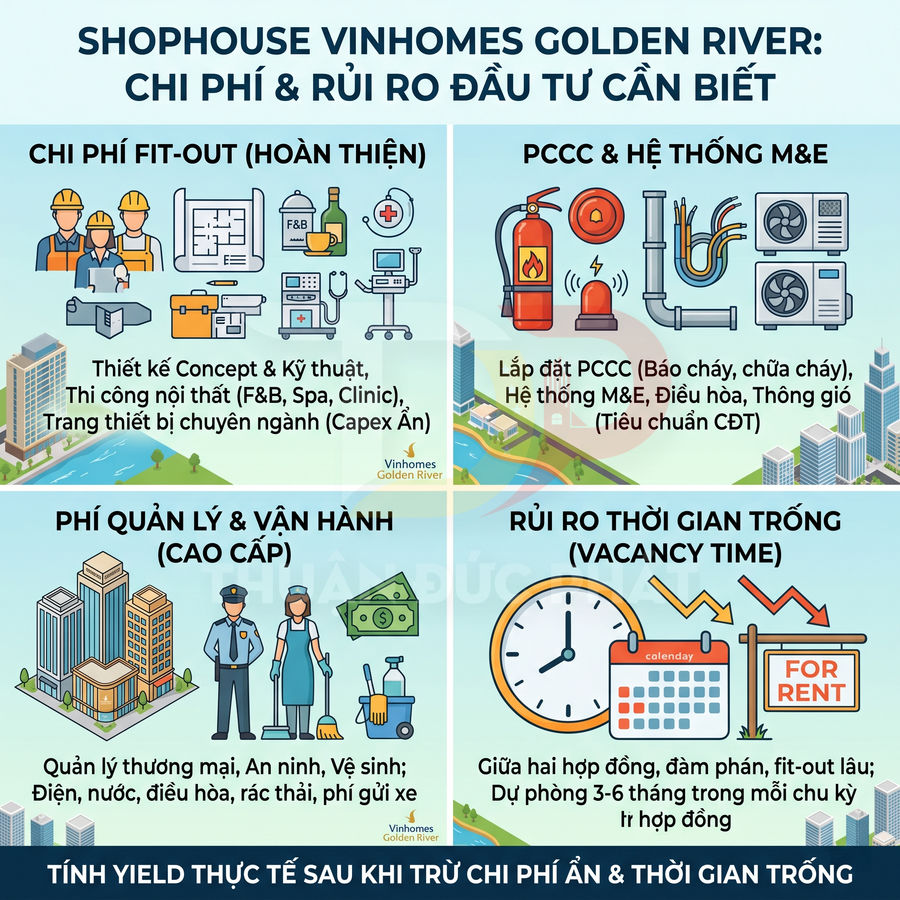 Infographic chi phí và rủi ro đầu tư shophouse Vinhomes Golden River gồm fit out, PCCC, vận hành và thời gian trống