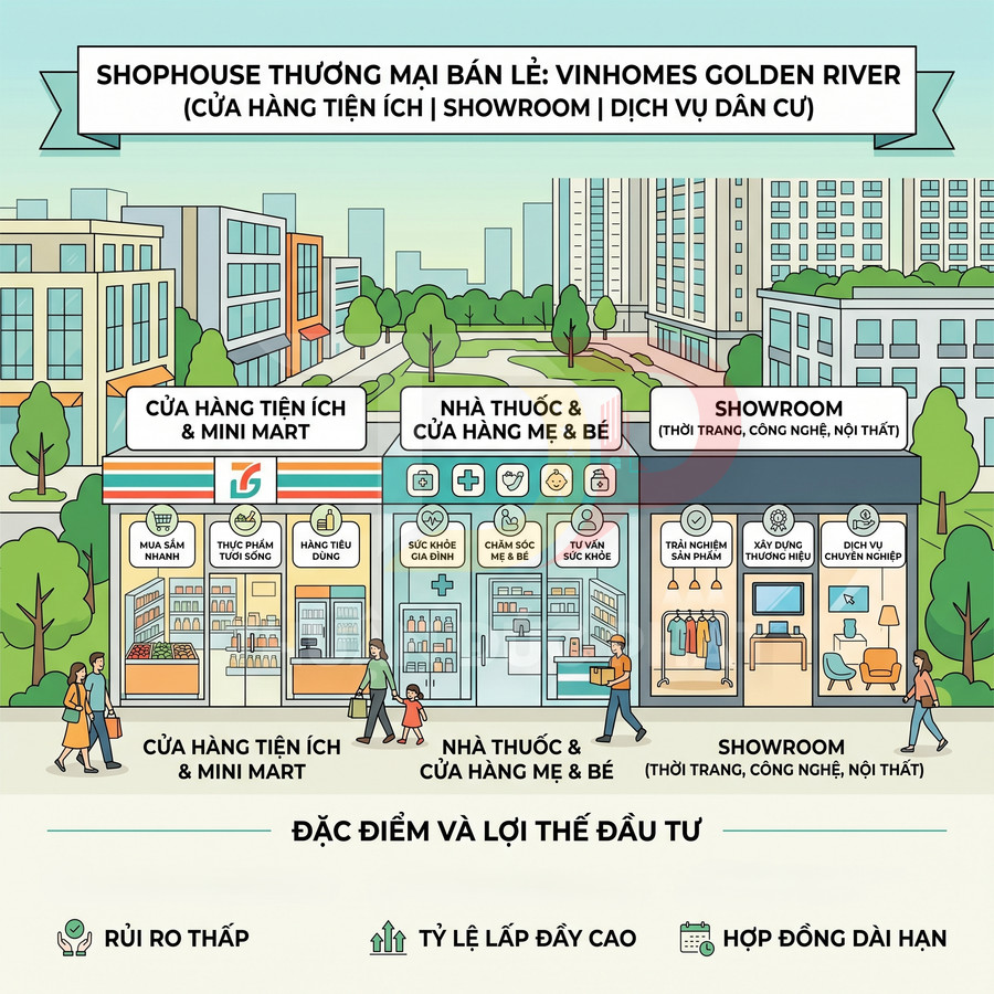 Mô hình shophouse Vinhomes Golden River với cửa hàng tiện ích, nhà thuốc mẹ và bé, showroom thời trang công nghệ nội thất