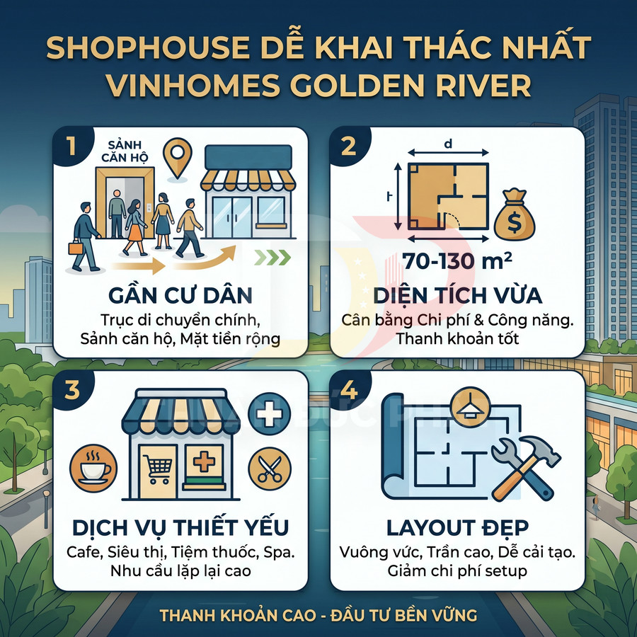 Infographic giới thiệu ưu điểm shophouse Vinhomes Golden River về vị trí, diện tích, dịch vụ thiết yếu và layout đẹp