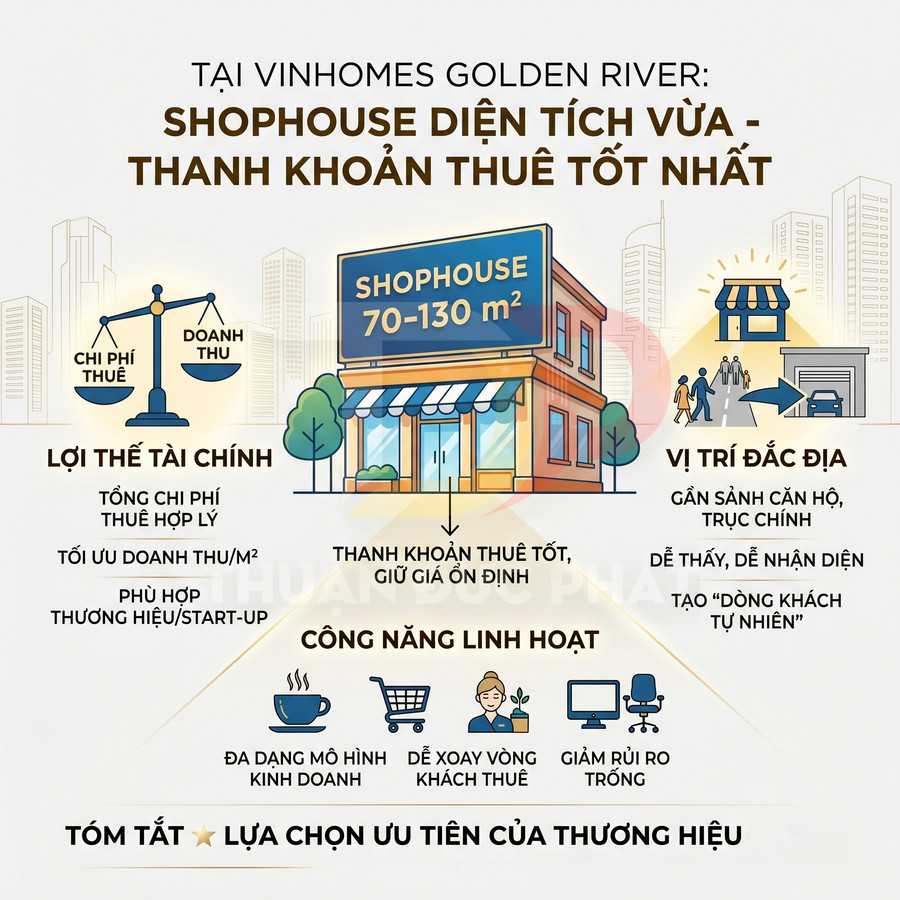 Infographic giới thiệu shophouse 70–130m2 tại Vinhomes Golden River với lợi thế tài chính, vị trí đắc địa và công năng linh hoạt