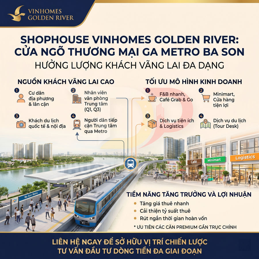 Infographic giới thiệu shophouse Vinhomes Golden River tại ga metro Ba Son với mô hình kinh doanh đa dạng