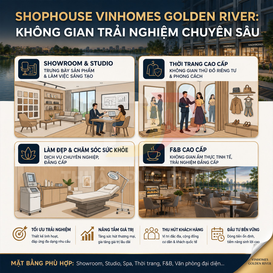 Thiết kế shophouse Vinhomes Golden River đa chức năng cho showroom, spa, thời trang và F&B cao cấp