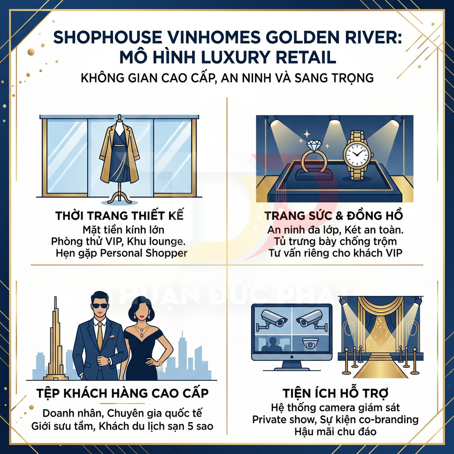 Mô hình shophouse Vinhomes Golden River luxury retail với thời trang thiết kế, trang sức đồng hồ và tiện ích cao cấp