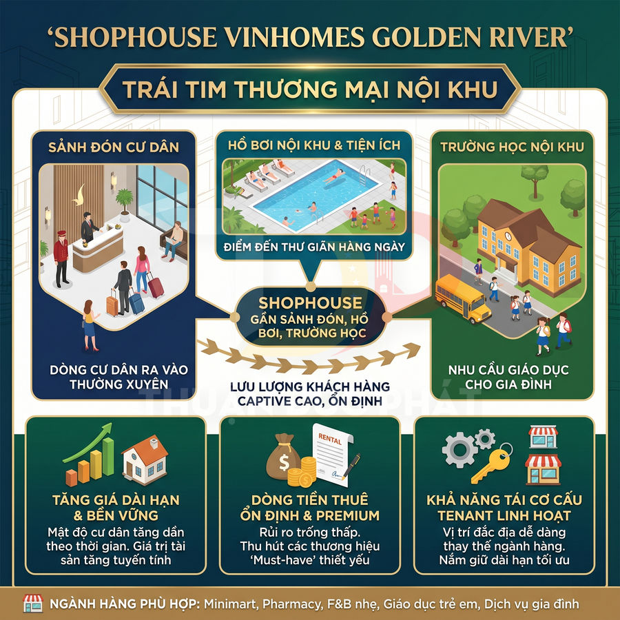 Infographic giới thiệu shophouse Vinhomes Golden River với tiện ích nội khu, tiềm năng tăng giá và dòng tiền cho thuê ổn định