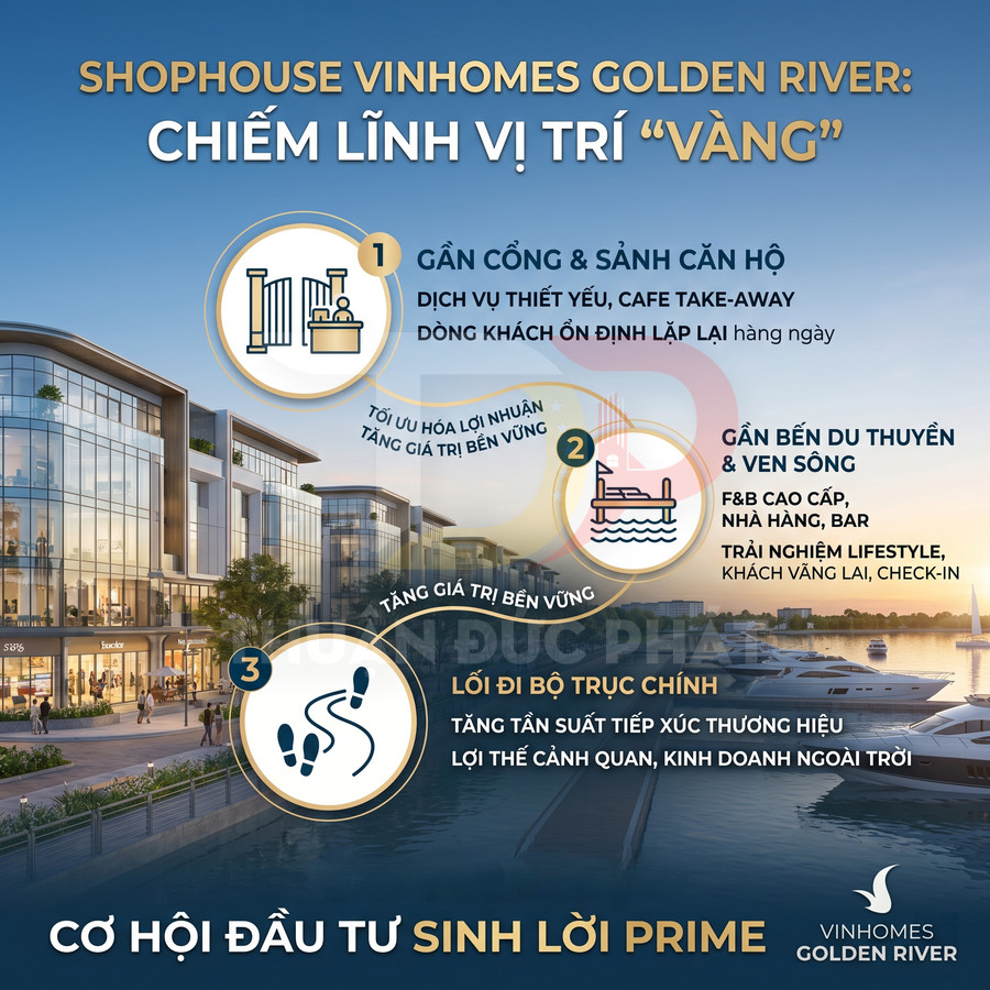 Shophouse Vinhomes Golden River ven sông với bến du thuyền, lối đi bộ và mặt tiền kính sang trọng, tiềm năng kinh doanh cao