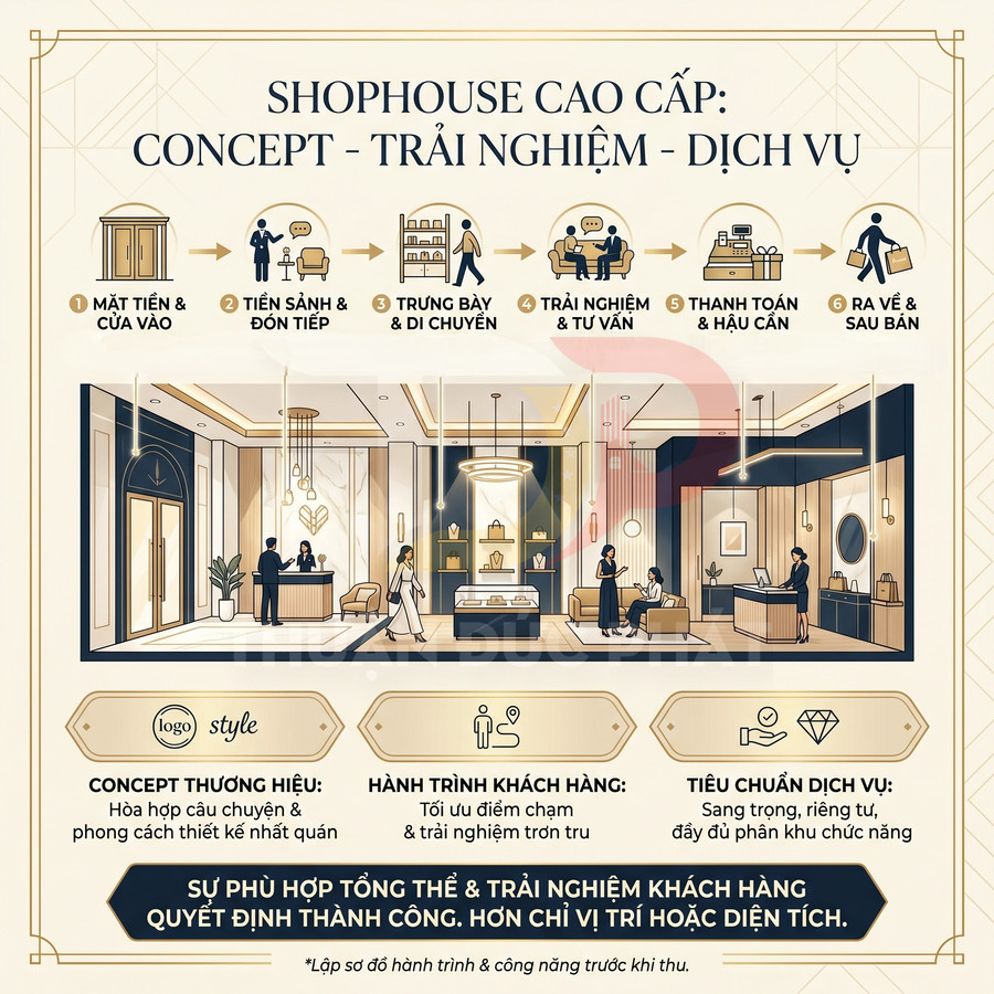 Mô hình shophouse cao cấp với không gian sảnh, trưng bày sản phẩm và khu tư vấn dịch vụ sang trọng
