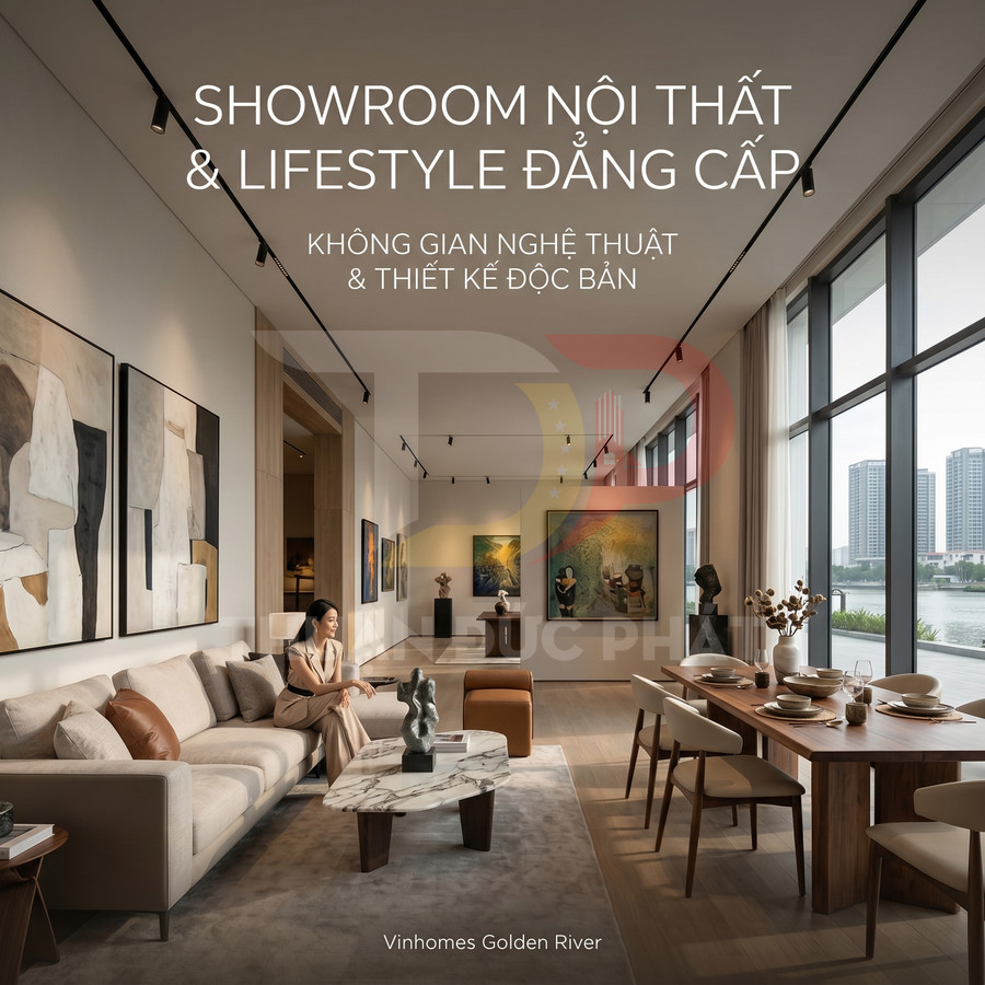 Showroom nội thất cao cấp với sofa, bàn trà đá, bàn ăn gỗ và tranh nghệ thuật tại Vinhomes Golden River