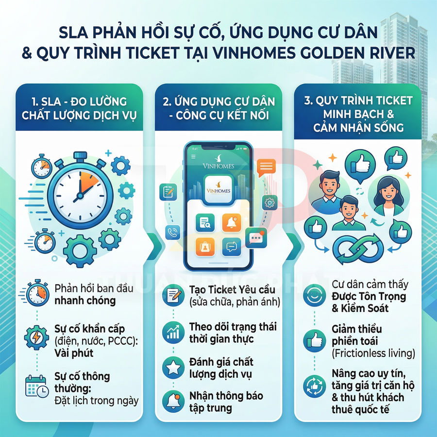 Infographic giới thiệu SLA phản hồi sự cố và ứng dụng cư dân Vinhomes Golden River quản lý ticket dịch vụ