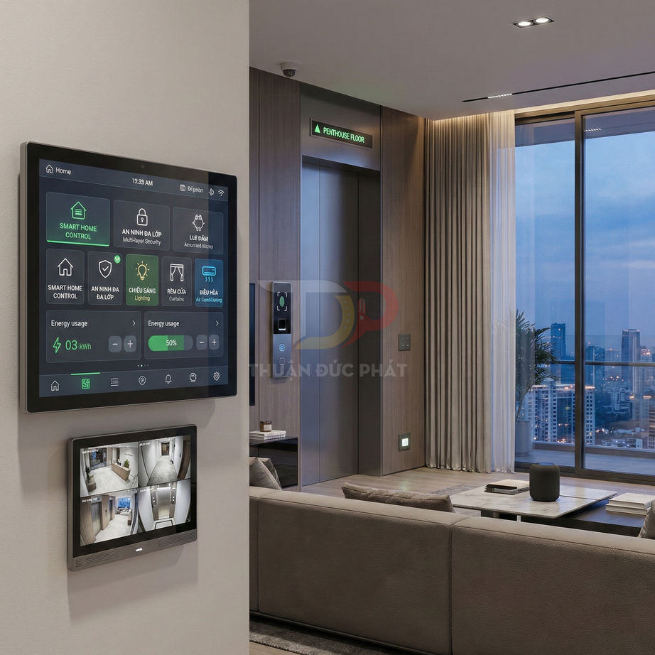 Màn hình điều khiển nhà thông minh gắn tường hiển thị quản lý điện, an ninh và camera trong căn hộ cao cấp